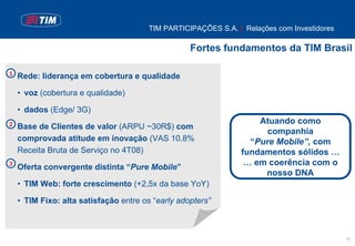 TIM PARTICIPAÇÕES S.A. | Relações com Investidores

                                                   Fortes fundamentos da TIM Brasil

1   Rede: liderança em cobertura e qualidade

    • voz (cobertura e qualidade)

    • dados (Edge/ 3G)
2                                                                   Atuando como
    Base de Clientes de valor (ARPU ~30R$) com
                                                                      companhia
    comprovada atitude em inovação (VAS 10,8%                     “Pure Mobile”, com
    Receita Bruta de Serviço no 4T08)                           fundamentos sólidos …
3                                                                … em coerência com o
    Oferta convergente distinta “Pure Mobile”
                                                                     nosso DNA
    • TIM Web: forte crescimento (+2,5x da base YoY)

    • TIM Fixo: alta satisfação entre os “early adopters”



                                                                                             16
 