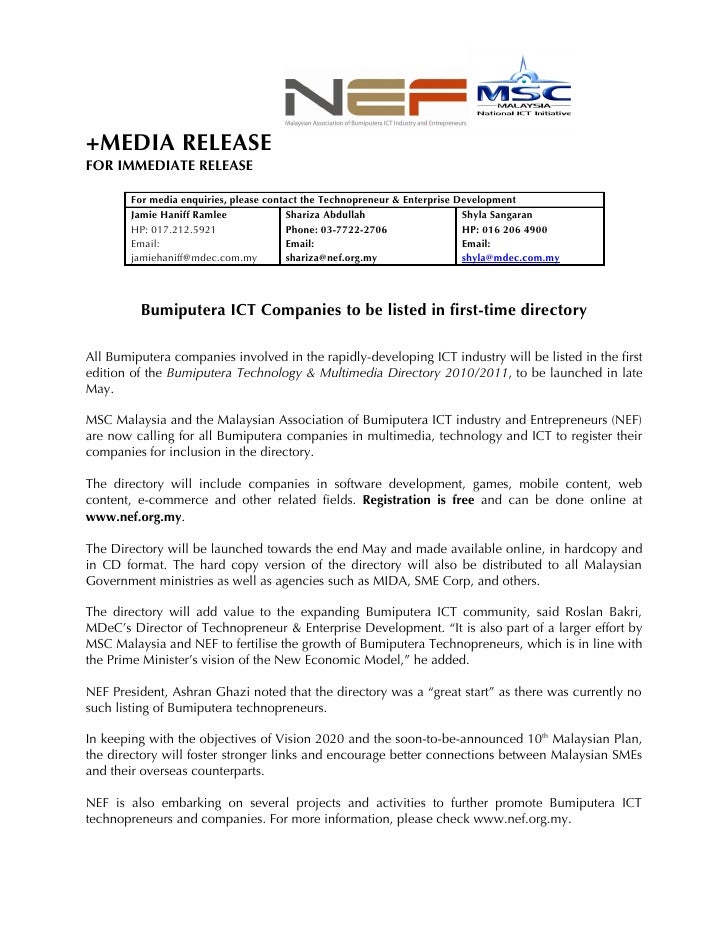 Press Release 8 april 2010- National Bumiputera ICT directory 2010 