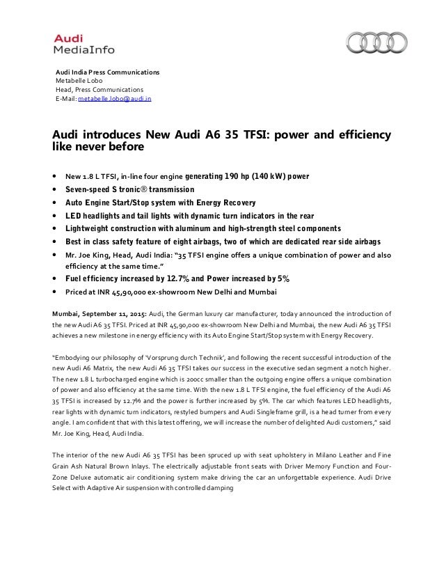 2015 audi a6 35 tfsi launch press release four letter car brands