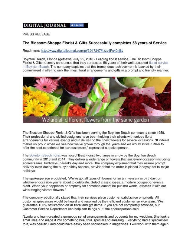 The Blossom Shoppe Completes 58 years of service to Boynton Beach area