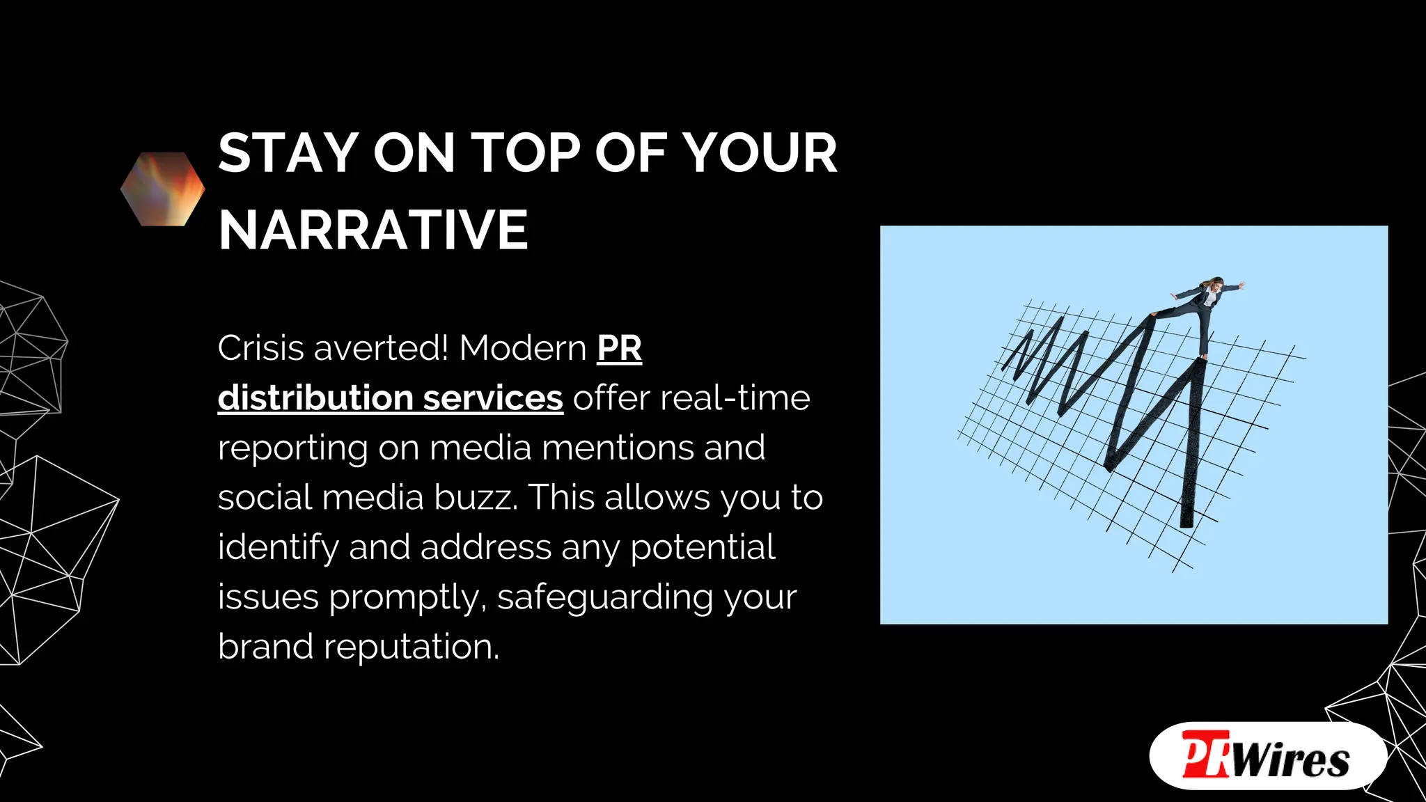 STAY ON TOP OF YOUR
NARRATIVE
Crisis averted! Modern PR
distribution services offer real-time
reporting on media mentions and
social media buzz. This allows you to
identify and address any potential
issues promptly, safeguarding your
brand reputation.
 