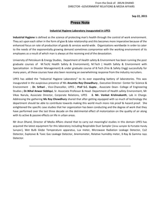 Inauguration of the Industrial Hygiene Laboratory at UPES | DOC ...