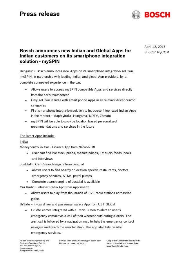 Bosch Myspin Launch Press Release
