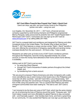 24/7 Card Offers Powerful New Prepaid Visa® Debit + Remit Card