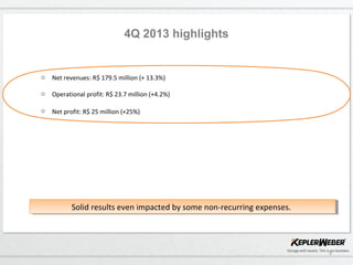 3
4Q 2013 highlights
o Net revenues: R$ 179.5 million (+ 13.3%)
o Operational profit: R$ 23.7 million (+4.2%)
o Net profit: R$ 25 million (+25%)
Solid results even impacted by some non-recurring expenses.Solid results even impacted by some non-recurring expenses.
 