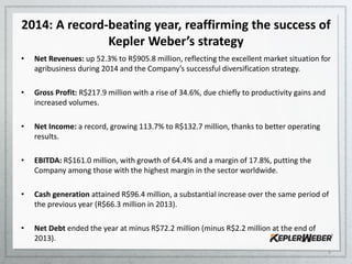 2014: A record-beating year, reaffirming the success of
Kepler Weber’s strategy
• Net Revenues: up 52.3% to R$905.8 million, reflecting the excellent market situation for
agribusiness during 2014 and the Company’s successful diversification strategy.
• Gross Profit: R$217.9 million with a rise of 34.6%, due chiefly to productivity gains and
increased volumes.
• Net Income: a record, growing 113.7% to R$132.7 million, thanks to better operating
results.
• EBITDA: R$161.0 million, with growth of 64.4% and a margin of 17.8%, putting the
Company among those with the highest margin in the sector worldwide.
• Cash generation attained R$96.4 million, a substantial increase over the same period of
the previous year (R$66.3 million in 2013).
• Net Debt ended the year at minus R$72.2 million (minus R$2.2 million at the end of
2013).
2
 