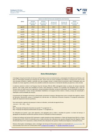 Sondagem de Serviços
Índice de Confiança de Serviços
Dezembro de 2011




                                                     ÍNDICE DE EXPECTATIVAS DOS SEGMENTOS (EM PONTOS)
                      Séries          Serviços            Serviços                                                     Outras
                                                                            Serviços de         Serviços de
                                    prestados às        prestados às                                               atividades de
                                                                            transportes         informação
                                      famílias           empresas                                                     serviços
                     ago/10             176,9               157,1               159,7              165,3               144,4
                     set/10             173,1               154,3               172,7              169,3               124,4
                     out/10             174,9               166,9               172,3              167,7               118,5
                     nov/10             177,0               145,5               155,2              150,3               133,3
                     dez/10             170,5               135,4               145,9              150,9               136,2
                     jan/11             159,7               143,0               153,0              149,7               149,7
                     fev/11             144,8               158,2               147,1              158,7               157,0
                     mar/11             138,9               162,6               152,8              148,9               144,9
                     abr/11             140,5               153,3               154,3              157,5               142,1
                     mai/11             147,3               151,0               143,1              170,3               153,4
                     jun/11             152,0               151,5               157,5              142,0               160,8
                     jul/11             154,5               145,1               148,8              141,4               164,8
                     ago/11             162,6               130,3               150,3              145,1               158,1
                     set/11             174,3               142,8               155,3              150,4               145,6
                     out/11             178,6               150,0               155,2              157,4               167,4
                     nov/11             178,1               151,6               147,6              165,4               132,2
                     dez/11             165,9               150,8               134,6              163,85              143,8




                                                          Nota Metodológica

     A Sondagem Conjuntural do Setor de Serviços de Pernambuco serve ao monitoramento e antecipação de tendências econômicas, com
     base em informações prestadas por empresas do setor. Assim como em outras sondagens de tendência, a pesquisa tem como um de
     seus principais atributos a rapidez e precisão com que consegue retratar o estado atual da economia e gerar sinalizações para sua
     evolução nos meses seguintes, servindo como subsídio à análise de conjuntura e à tomada de decisões por governos e setor privado.

     A cobertura setorial é similar à da Pesquisa Anual de Serviços (PAS) do IBGE, abrangendo todos os setores de serviços excluindo
     governo, setor saúde, partes das atividades de ensino, setor financeiro e comércio. Os resultados são divulgados para o setor de
     serviços como um todo e para cinco segmentos: serviços prestados às famílias, serviços de informação, serviços prestados às empresas,
     serviços de transportes e outros serviços (atividades imobiliárias e de aluguel de bens móveis e imóveis, serviços de manutenção e
     reparação e outras atividades de serviços)..

     O questionário da Sondagem de Serviços é direcionado unicamente à empresa. Abrange temas como a situação dos negócios, volume
     de demanda, faturamento, preços e contingente de mão-de-obra, em diferentes horizontes temporais. As perguntas apresentam
     opções de resposta de natureza qualitativa.

     Para cada quesito e segmento da pesquisa é criado um indicador, construído da seguinte forma:
     Indicador = 100 + (RFij − RDij )
     Onde
     RFij = Proporção de Respostas Favoráveis ao quesito “i” no segmento “j”;
     RDij = Proporção de Respostas Desfavoráveis ao quesito “i” no segmento “j”;

     Os indicadores do quesito i para cada segmento j são agregados para se obter o resultado do quesito i no Setor de Serviços. A
     agregação de indicadores de diferentes quesitos formam os índicadores-síntese da pesquisa.

     O Índice de Confiança de Serviços (ICS) representa a média aritmética de dois indicadores: o Índice da Situação Atual (ISA-S) e o Índice
     de Expectativas (IE-S). O ISA-S é construído como a média aritmética dos indicadores dos quesitos Situação Atual dos Negócios e Nível
     de Demanda Atual. O IE-S representa a média aritmética dos indicadores dos quesitos Tendência dos Negócios e Demanda Prevista.

     Maiores informações metodológicas sobre a Sondagem de Serviços de Pernambuco podem ser encontrados em www.fgv.br/ibre. Em
     caso de dúvida, favor entrar em contato pelos emails sondagemservicos@fgv.br ou deps@condepefidem.pe.gov.br



                                                                            5
 