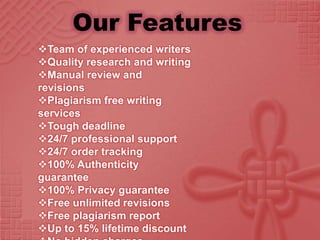Our Features
Team of experienced writers
Quality research and writing
Manual review and
revisions
Plagiarism free writing
services
Tough deadline
24/7 professional support
24/7 order tracking
100% Authenticity
guarantee
100% Privacy guarantee
Free unlimited revisions
Free plagiarism report
Up to 15% lifetime discount
 