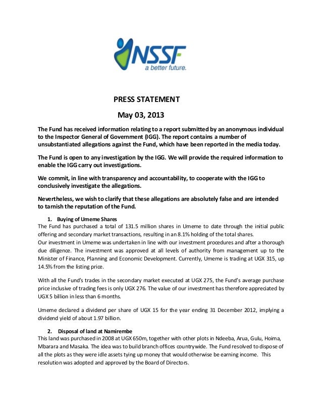 PRESS STATEMENT NSSF's Response To Press Reports on IGG Investigation