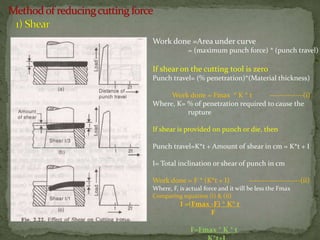 Work done =Area under curve
= (maximum punch force) * (punch travel)
If shear on the cutting tool is zero
Punch travel= (% penetration)*(Material thickness)
Work done = Fmax * K * t -------------(i)
Where, K= % of penetration required to cause the
rupture
If shear is provided on punch or die, then
Punch travel=K*t + Amount of shear in cm = K*t + I
I= Total inclination or shear of punch in cm
Work done = F * (K*t + I) --------------------(ii)
Where, F, is actual force and it will be less the Fmax
Comparing equation (i) & (ii)
I =(Fmax -F) * K* t
F
F=Fmax * K * t
 