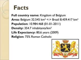 Full country name: Kingdom of Belgium
Area: Belgium 32.545 km² <-> Brazil 8.459.417 km²
Population: 10.984.468 (01-01-2011)
Density: 354.7 inhabitants/km²
Life Expectancy: 80,6 years (2009)
Religion: 75% Roman Catholic
 