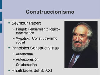 Construccionismo <ul><li>Seymour Papert </li></ul><ul><ul><li>Piaget: Pensamiento lógico-matemático </li></ul></ul><ul><ul...