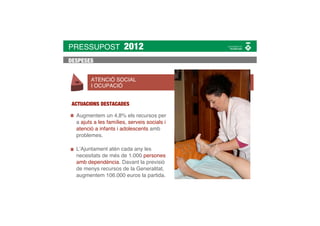 PRESSUPOST             2012
DESPESES


        ATENCIÓ SOCIAL
        I OCUPACIÓ


 ACTUACIONS DESTACADES

  Augmentem un 4,8% els recursos per
  a ajuts a les famílies, serveis socials i
  atenció a infants i adolescents amb
  problemes.

  L’Ajuntament atén cada any les
  necesitats de més de 1.000 persones
  amb dependència. Davant la previsió
  de menys recursos de la Generalitat,
  augmentem 106.000 euros la partida.
 