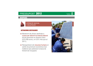 PRESSUPOST             2012
DESPESES


        ATENCIÓ SOCIAL
        I OCUPACIÓ


 ACTUACIONS DESTACADES

  Mantenim els diners destinats a
  cursos per afavorir la inserció laboral
  de les persones en situació d’atur
  (573.436 euros, un 0,5% més que al
  2011).

  Reorganitzem els recursos humans al
  centre de promoció econòmica Can
  Calderon per potenciar la tasca de
  foment de l’ocupació.
 