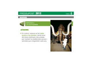 PRESSUPOST             2012
DESPESES


        SERVEIS A
        LA CIUTADANIA


 ACTUACIONS

  En cultura i esports es fan petits
  ajustos a les partides, sense tocar
  els diners destinats a les entitats,
  per mantenir la totalitat dels serveis i
  activitats que s’organitzen cada any.
 