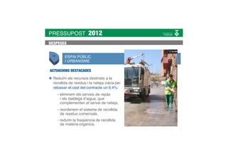 PRESSUPOST              2012
DESPESES


         ESPAI PÚBLIC
         I URBANISME

ACTUACIONS DESTACADES

  Reduïm els recursos destinats a la
  recollida de residus i la neteja viària per
  rebaixar el cost del contracte un 9,4%:
    - eliminem els serveis de repàs
      i els baldeigs d’aigua, que
      complementen el servei de neteja.
    - reordenem el sistema de recollida
      de residus comercials.
    - reduïm la freqüència de recollida
      de matèria orgànica.
 