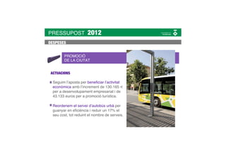 PRESSUPOST             2012
DESPESES


         PROMOCIÓ
         DE LA CIUTAT


 ACTUACIONS

  Seguim l’aposta per beneﬁciar l’activitat
  econòmica amb l’increment de 130.165 €
  per a desenvolupament empresarial i de
  43.133 euros per a promoció turística.

  Reordenem el servei d’autobús urbà per
  guanyar en eﬁciència i reduir un 17% el
  seu cost, tot reduint el nombre de serveis.
 