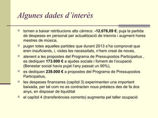Algunes dades d’interès
 tornen a baixar retribucions alts càrrecs: -12.076,09 €; puja la partida









de despeses en personal per actualització de triennis i augment hores
mestres de música,
pugen totes aquelles partides que durant 2013 s’ha comprovat que
eren insuficients, i, vistes les necessitats, n’hem creat de noves,
atenent a les propostes del Programa de Pressupostos Participatius ,
es dediquen 173.000 € a ajudes socials i foment de l’ocupació
(Benestar social havia pujat l’any passat un 90%),
es dediquen 239.000 € a propostes del Programa de Pressupostos
Participatius,
les despeses financeres (capítol 3) experimenten una important
baixada, per tal com no es contracten nous préstecs des de fa dos
anys, en disposar de liquiditat
el capítol 4 (transferències corrents) augmenta pel taller ocupació

 