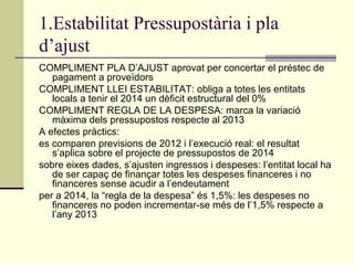 1.Estabilitat Pressupostària i pla
d’ajust
COMPLIMENT PLA D’AJUST aprovat per concertar el préstec de
pagament a proveïdors
COMPLIMENT LLEI ESTABILITAT: obliga a totes les entitats
locals a tenir el 2014 un dèficit estructural del 0%
COMPLIMENT REGLA DE LA DESPESA: marca la variació
màxima dels pressupostos respecte al 2013
A efectes pràctics:
es comparen previsions de 2012 i l’execució real: el resultat
s’aplica sobre el projecte de pressupostos de 2014
sobre eixes dades, s’ajusten ingressos i despeses: l’entitat local ha
de ser capaç de finançar totes les despeses financeres i no
financeres sense acudir a l’endeutament
per a 2014, la “regla de la despesa” és 1,5%: les despeses no
financeres no poden incrementar-se més de l’1,5% respecte a
l’any 2013

 