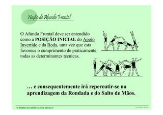 O Afundo Frontal deve ser entendido
   como a POSIÇÃO INICIAL do Apoio
   Invertido e da Roda, uma vez que esta
   favorece o cumprimento de praticamente
   todas as determinantes técnicas.




         … e consequentemente irá repercutir-se na
         aprendizagem da Rondada e do Salto de Mãos.

“O ENSINO DA GINÁSTICA NA ESCOLA”                      Luís Filipe Matos
 