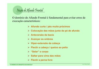 O domínio do Afundo Frontal é fundamental para evitar erros de
   execução característicos:
                              Afundo curto / pés muito próximos
                              Colocação das mãos junto do pé de afundo
                              Anteversão da bacia
                              Avançar os ombros
                              Hiper-extensão da cabeça
                              Flectir a cabeça / queixo ao peito
                              “Selar” o corpo
                              Saltar para cima das mãos
                              Flectir a perna livre
“O ENSINO DA GINÁSTICA NA ESCOLA”                                        Luís Filipe Matos
 