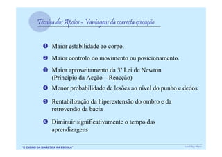 Maior estabilidade ao corpo.
                   Maior controlo do movimento ou posicionamento.
                   Maior aproveitamento da 3ª Lei de Newton
                   (Princípio da Acção – Reacção)
                   Menor probabilidade de lesões ao nível do punho e dedos

                   Rentabilização da hiperextensão do ombro e da
                   retroversão da bacia

                   Diminuir significativamente o tempo das
                   aprendizagens

“O ENSINO DA GINÁSTICA NA ESCOLA”                                    Luís Filipe Matos
 