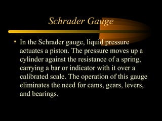 Schrader Gauge
• In the Schrader gauge, liquid pressure
actuates a piston. The pressure moves up a
cylinder against the resistance of a spring,
carrying a bar or indicator with it over a
calibrated scale. The operation of this gauge
eliminates the need for cams, gears, levers,
and bearings.
 