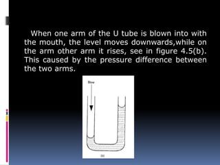 When one arm of the U tube is blown into with
the mouth, the level moves downwards,while on
the arm other arm it rises, see in figure 4.5(b).
This caused by the pressure difference between
the two arms.
 