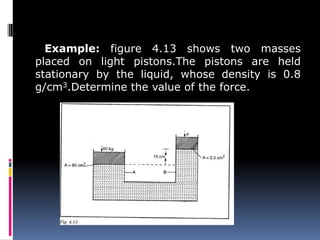 Example: figure 4.13 shows two masses
placed on light pistons.The pistons are held
stationary by the liquid, whose density is 0.8
g/cm3.Determine the value of the force.
 