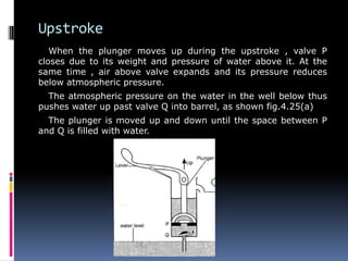 Upstroke
When the plunger moves up during the upstroke , valve P
closes due to its weight and pressure of water above it. At the
same time , air above valve expands and its pressure reduces
below atmospheric pressure.
The atmospheric pressure on the water in the well below thus
pushes water up past valve Q into barrel, as shown fig.4.25(a)
The plunger is moved up and down until the space between P
and Q is filled with water.
 