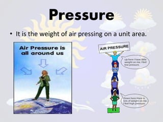 Pressure
• It is the weight of air pressing on a unit area.
 