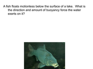 A fish floats motionless below the surface of a lake. What is
the direction and amount of buoyancy force the water
exerts on it?
 
