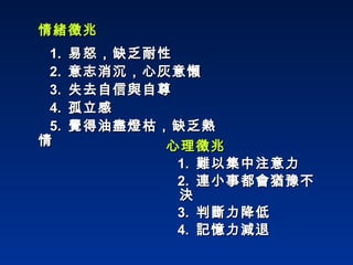 情緒徵兆 1.  易怒，缺乏耐性 2.  意志消沉，心灰意懶 3.  失去自信與自尊 4.  孤立感 5.  覺得油盡燈枯，缺乏熱情 心理徵兆 1.  難以集中注意力 2.  連小事都會猶豫不決 3.  判斷力降低 4.  記憶力減退 