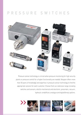 PRESSURE

SWITCHES

Pressure sensor technology is critical when pressure monitoring for high security
plants or pressure control for a higher functionality are needed. Norgren offers more
than 50 years of knowledge and expertise in pressure sensor technology to find the
appropriate solution for each customer. Choose from our extensive range including
switches and sensors, electro-mechanical and electronic, pneumatic, vacuum,
hydraulic andallfluid, analogue and digital/binary options.

 