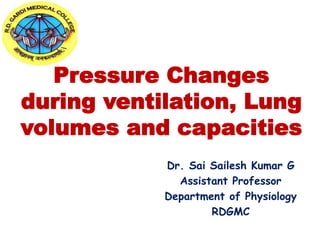 Pressure Changes
during ventilation, Lung
volumes and capacities
Dr. Sai Sailesh Kumar G
Assistant Professor
Department of Physiology
RDGMC
 