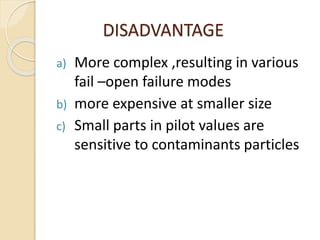 DISADVANTAGE
a) More complex ,resulting in various
fail –open failure modes
b) more expensive at smaller size
c) Small parts in pilot values are
sensitive to contaminants particles
 