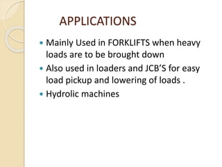 APPLICATIONS
 Mainly Used in FORKLIFTS when heavy
loads are to be brought down
 Also used in loaders and JCB’S for easy
load pickup and lowering of loads .
 Hydrolic machines
 