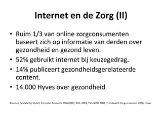 Internet en de Zorg (II)
• Ruim 1/3 van online zorgconsumenten
  baseert zich op informatie van derden over
  gezondheid en gezond leven.
• 52% gebruikt internet bij keuzegedrag.
• 14% publiceert gezondheidsgerelateerde
  content.
• 14.000 Hyves over gezondheid

Bronnen (via Martijn Hulst): Forrester Research 2006/2007, RVZ, 2003, TNS-NIPO 2008, Trendwatch Zorgconsument 2008, Hyves
 