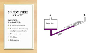 MANOMETERS
CONTD
INCLINED
MANOMETER:
 It is slant manometer
 It is used to measure very
small pressure difference
 Components :
 Working:
 Calculation:
 