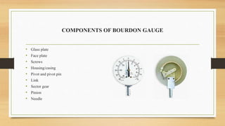 COMPONENTS OF BOURDON GAUGE
• Glass plate
• Face plate
• Screws
• Housing/casing
• Pivot and pivot pin
• Link
• Sector gear
• Pinion
• Needle
 