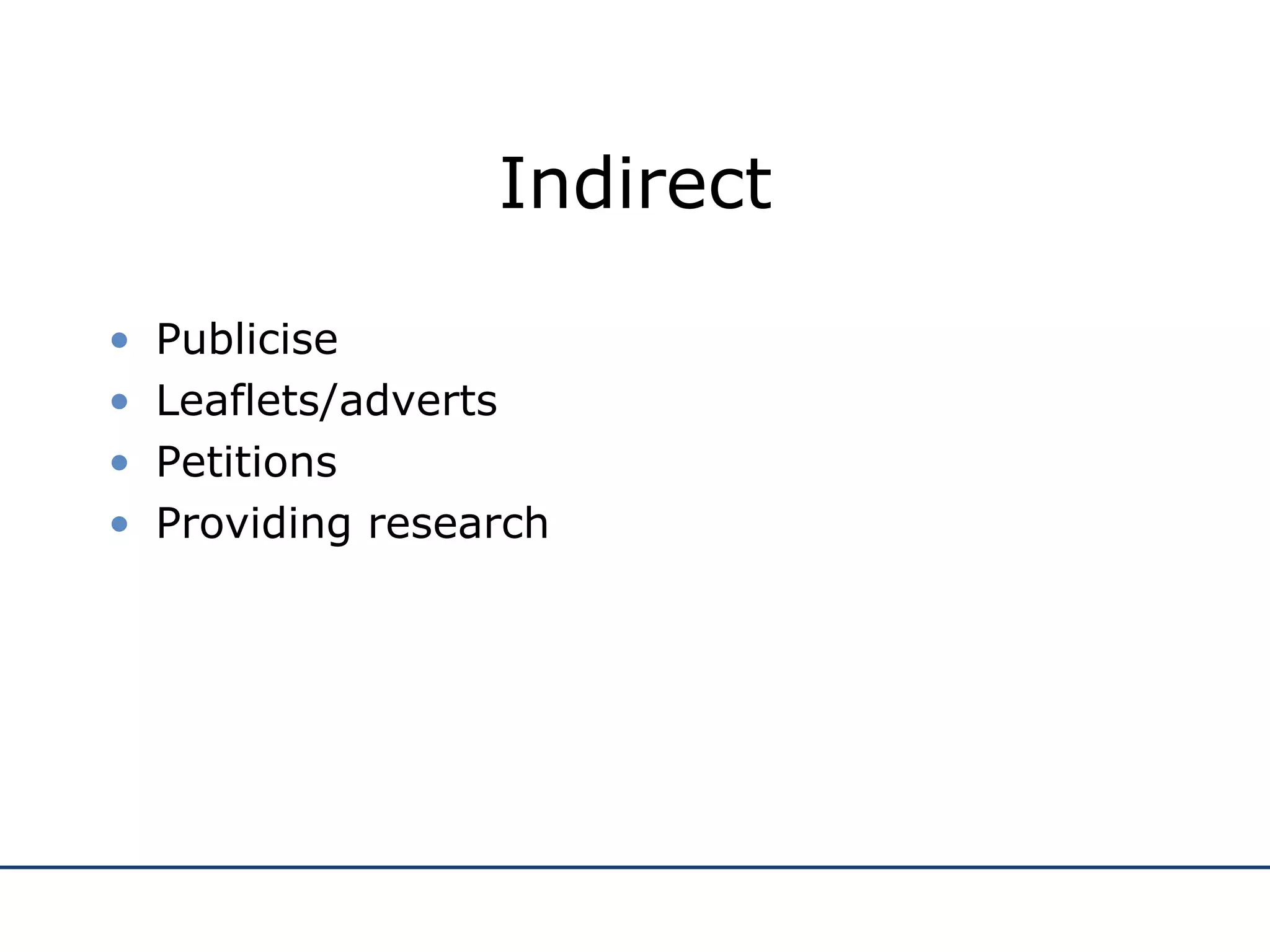 Indirect Publicise Leaflets/adverts Petitions Providing research 