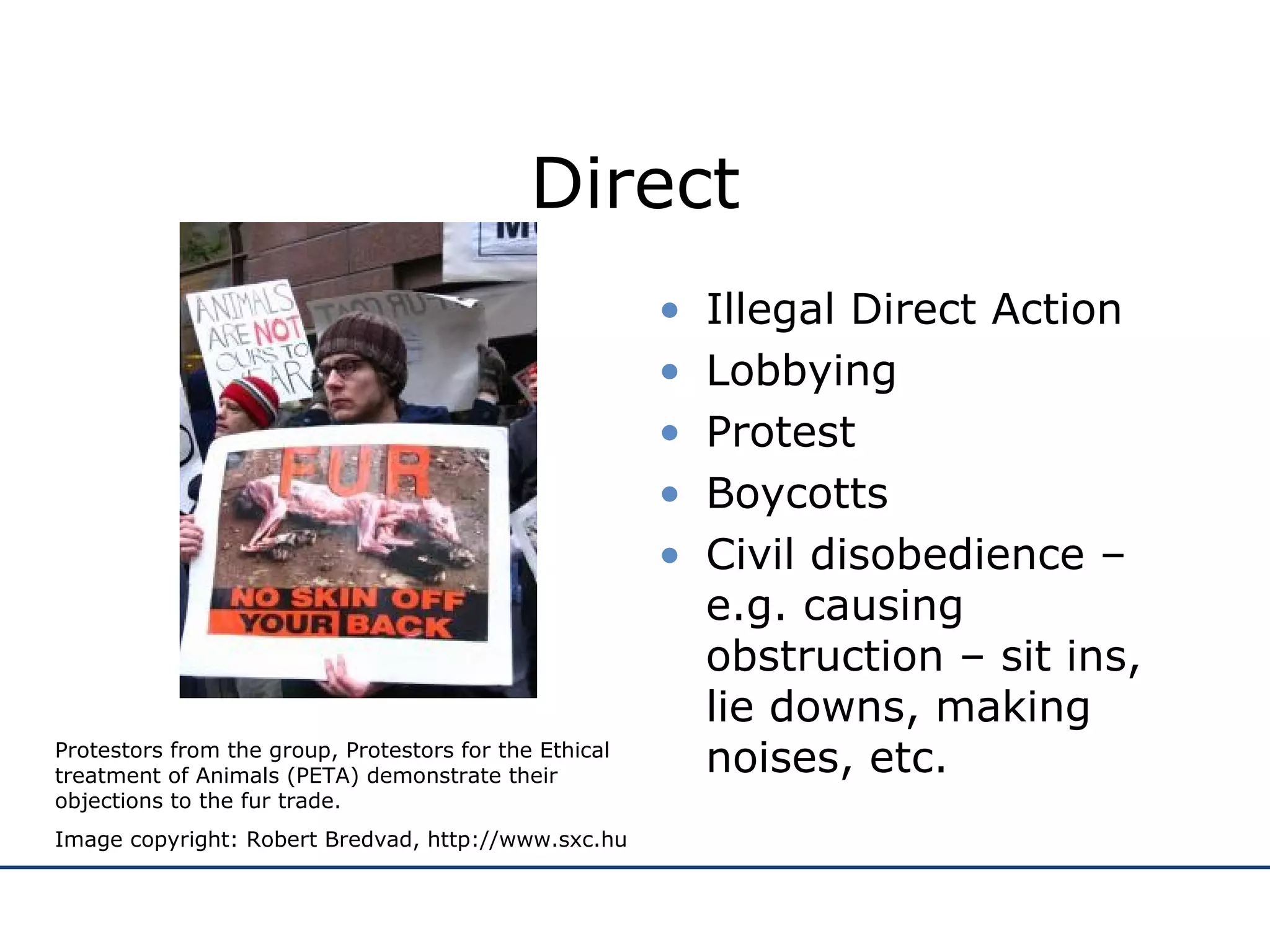 Direct Illegal Direct Action Lobbying Protest Boycotts Civil disobedience – e.g. causing obstruction – sit ins, lie downs, making noises, etc. Protestors from the group, Protestors for the Ethical treatment of Animals (PETA) demonstrate their objections to the fur trade. Image copyright: Robert Bredvad, http://www.sxc.hu 
