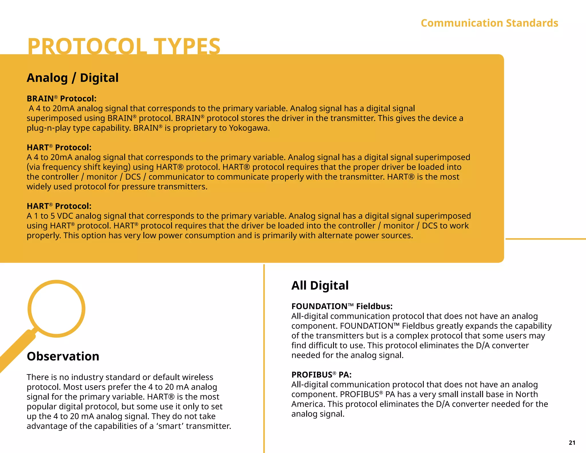 Analog / Digital
BRAIN®
Protocol:
A 4 to 20mA analog signal that corresponds to the primary variable. Analog signal has a digital signal
superimposed using BRAIN®
protocol. BRAIN®
protocol stores the driver in the transmitter. This gives the device a
plug-n-play type capability. BRAIN®
is proprietary to Yokogawa.
HART®
Protocol:
A 4 to 20mA analog signal that corresponds to the primary variable. Analog signal has a digital signal superimposed
(via frequency shift keying) using HART® protocol. HART® protocol requires that the proper driver be loaded into
the controller / monitor / DCS / communicator to communicate properly with the transmitter. HART® is the most
widely used protocol for pressure transmitters.
HART®
Protocol:
A 1 to 5 VDC analog signal that corresponds to the primary variable. Analog signal has a digital signal superimposed
using HART®
protocol. HART®
protocol requires that the driver be loaded into the controller / monitor / DCS to work
properly. This option has very low power consumption and is primarily with alternate power sources.
Communication Standards
PROTOCOL TYPES
All Digital
FOUNDATION™ Fieldbus:
All-digital communication protocol that does not have an analog
component. FOUNDATION™ Fieldbus greatly expands the capability
of the transmitters but is a complex protocol that some users may
find difficult to use. This protocol eliminates the D/A converter
needed for the analog signal.
PROFIBUS®
PA:
All-digital communication protocol that does not have an analog
component. PROFIBUS®
PA has a very small install base in North
America. This protocol eliminates the D/A converter needed for the
analog signal.
Observation
There is no industry standard or default wireless
protocol. Most users prefer the 4 to 20 mA analog
signal for the primary variable. HART® is the most
popular digital protocol, but some use it only to set
up the 4 to 20 mA analog signal. They do not take
advantage of the capabilities of a ‘smart’ transmitter.
21
 