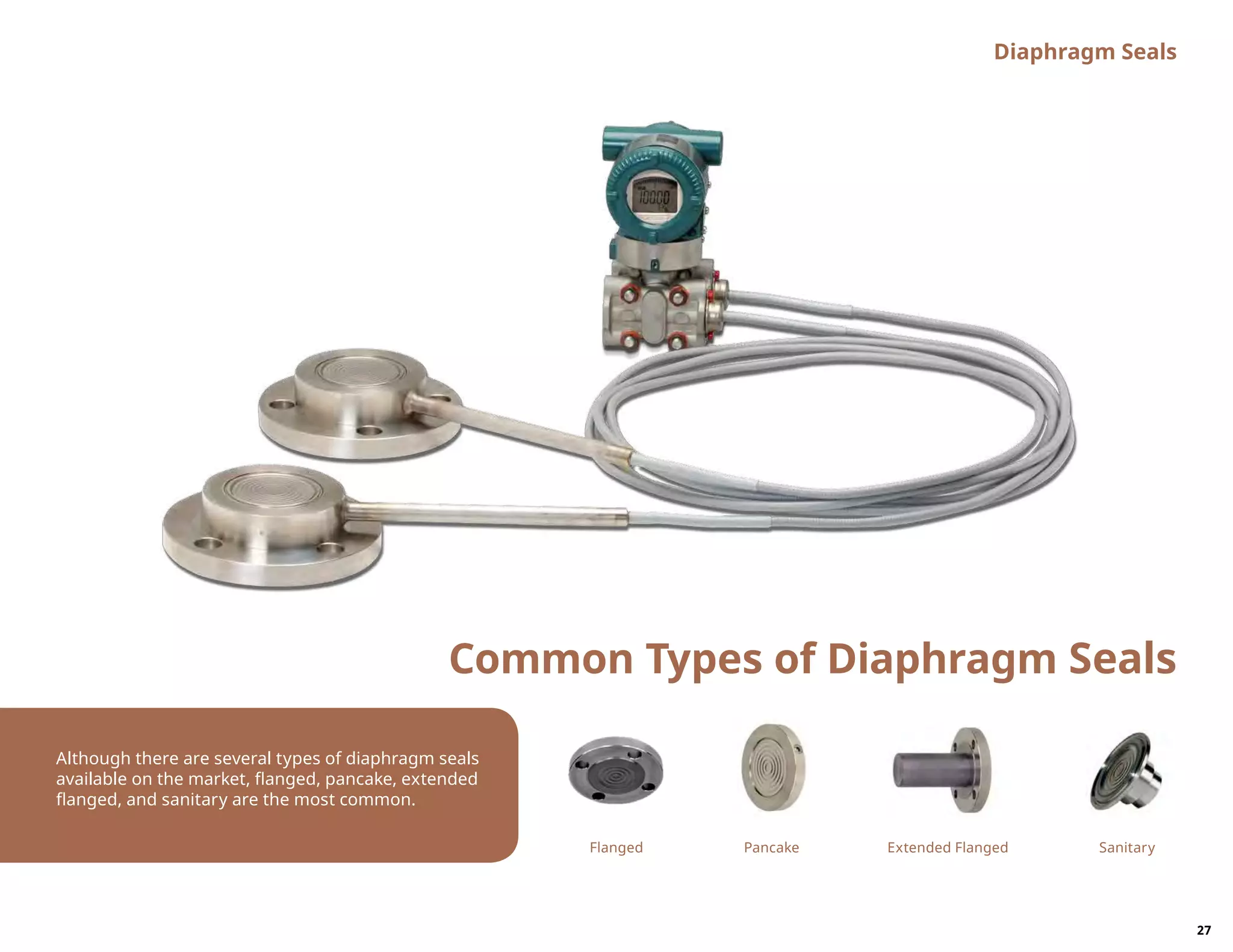Diaphragm Seals
	
	 	
	
Flanged Pancake Extended Flanged Sanitary
Although there are several types of diaphragm seals
available on the market, flanged, pancake, extended
flanged, and sanitary are the most common.
Common Types of Diaphragm Seals
27
 