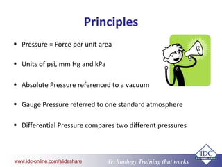 www.eit.edu.au Technology Training that Workswww.idc-online.com/slideshare
Principles
• Pressure = Force per unit area
• Units of psi, mm Hg and kPa
• Absolute Pressure referenced to a vacuum
• Gauge Pressure referred to one standard atmosphere
• Differential Pressure compares two different pressures
 