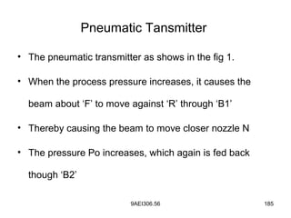 9AEI306.56 185
Pneumatic Tansmitter
• The pneumatic transmitter as shows in the fig 1.
• When the process pressure increases, it causes the
beam about ‘F’ to move against ‘R’ through ‘B1’
• Thereby causing the beam to move closer nozzle N
• The pressure Po increases, which again is fed back
though ‘B2’
 