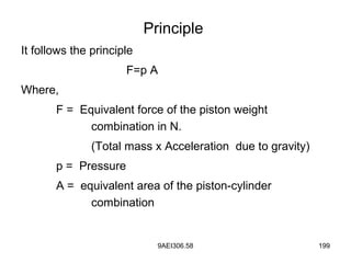 9AEI306.58 199
Principle
It follows the principle
F=p A
Where,
F = Equivalent force of the piston weight
combination in N.
(Total mass x Acceleration due to gravity)
p = Pressure
A = equivalent area of the piston-cylinder
combination
 