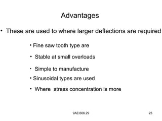 9AEI306.29 25
Advantages
• These are used to where larger deflections are required
• Fine saw tooth type are
• Stable at small overloads
• Simple to manufacture
• Sinusoidal types are used
• Where stress concentration is more
 