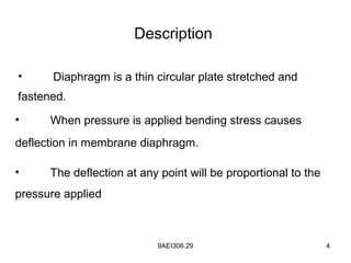 9AEI306.29 4
• Diaphragm is a thin circular plate stretched and
fastened.
• When pressure is applied bending stress causes
deflection in membrane diaphragm.
• The deflection at any point will be proportional to the
pressure applied
Description
 