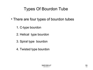 9AEI306.47 55
Types Of Bourdon Tube
• There are four types of bourdon tubes
1. C-type bourdon
2. Helical type bourdon
3. Spiral type bourdon
4. Twisted type bourdon
55AEI405.7
 